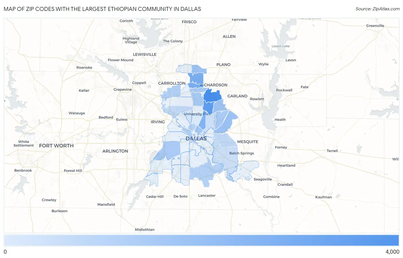 Zip Codes with the Largest Ethiopian Community in Dallas Map