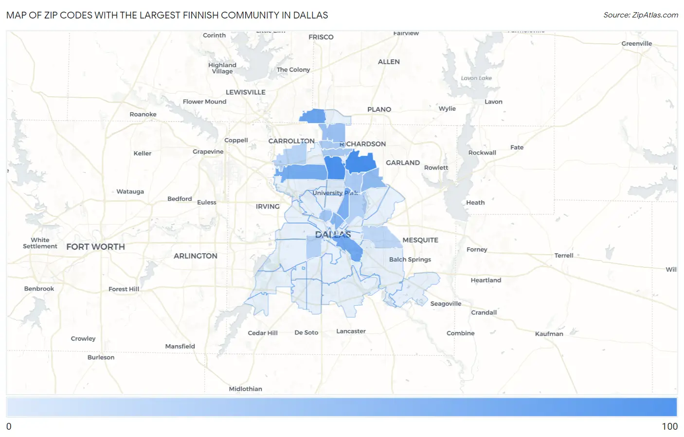 Zip Codes with the Largest Finnish Community in Dallas Map