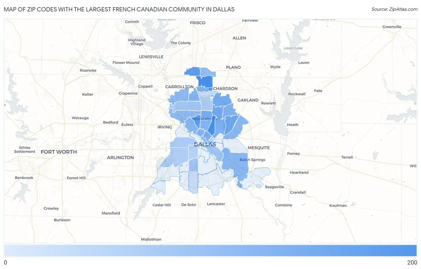 Zip Codes with the Largest French Canadian Community in Dallas Map