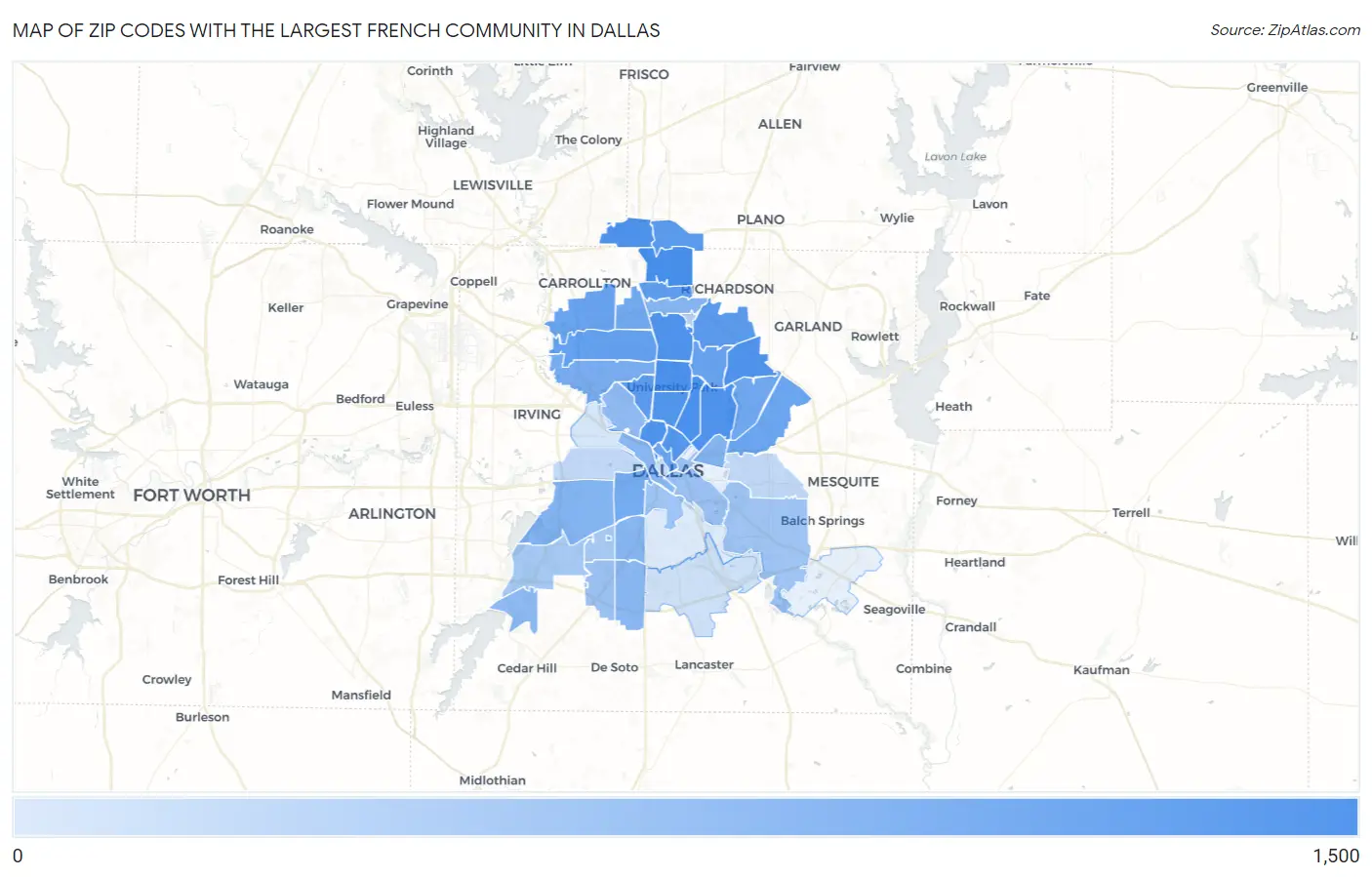 Zip Codes with the Largest French Community in Dallas Map
