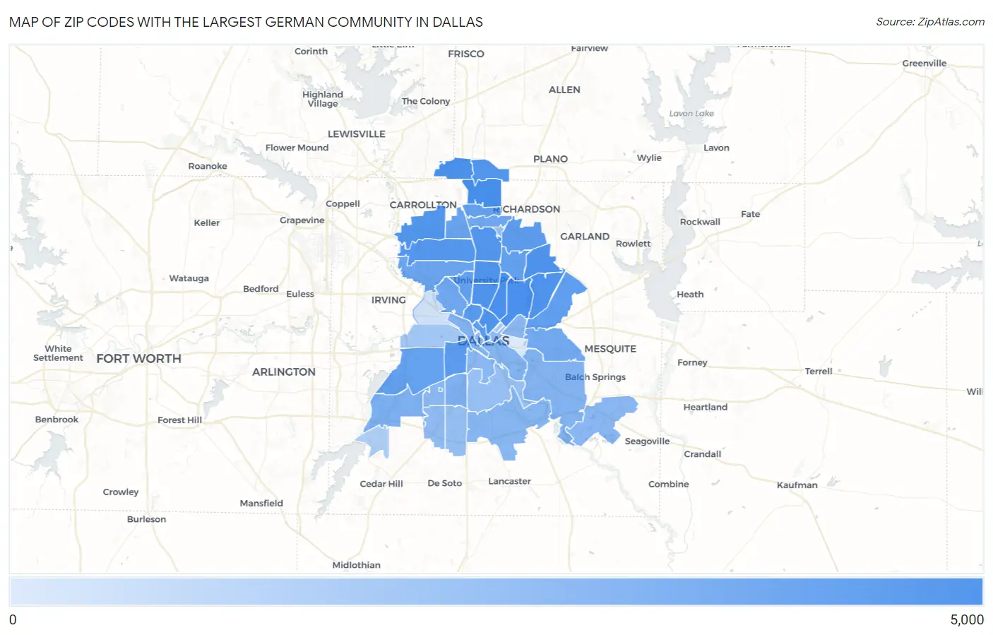 Zip Codes with the Largest German Community in Dallas Map