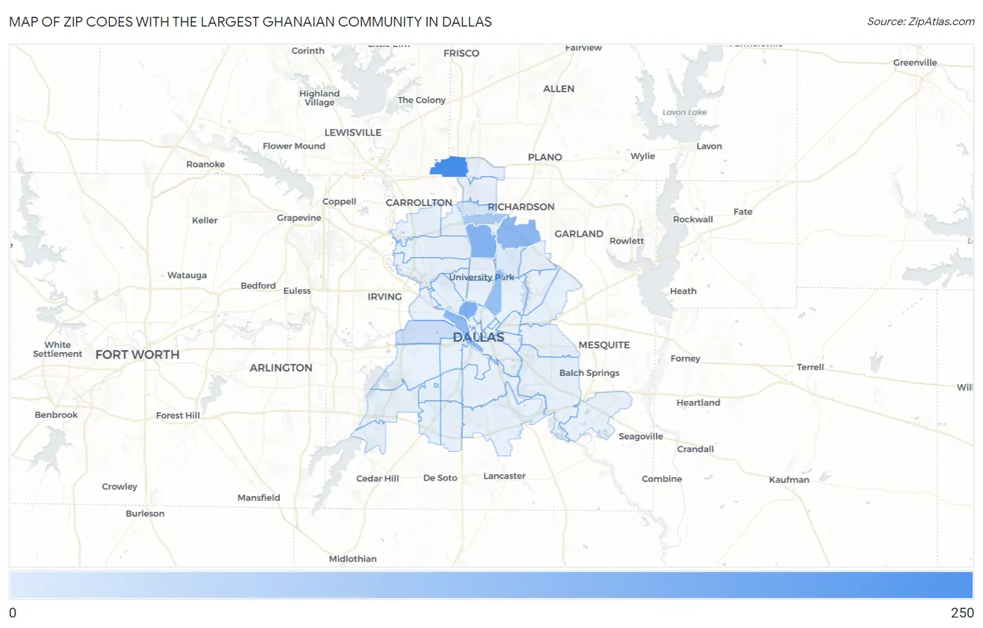 Zip Codes with the Largest Ghanaian Community in Dallas Map
