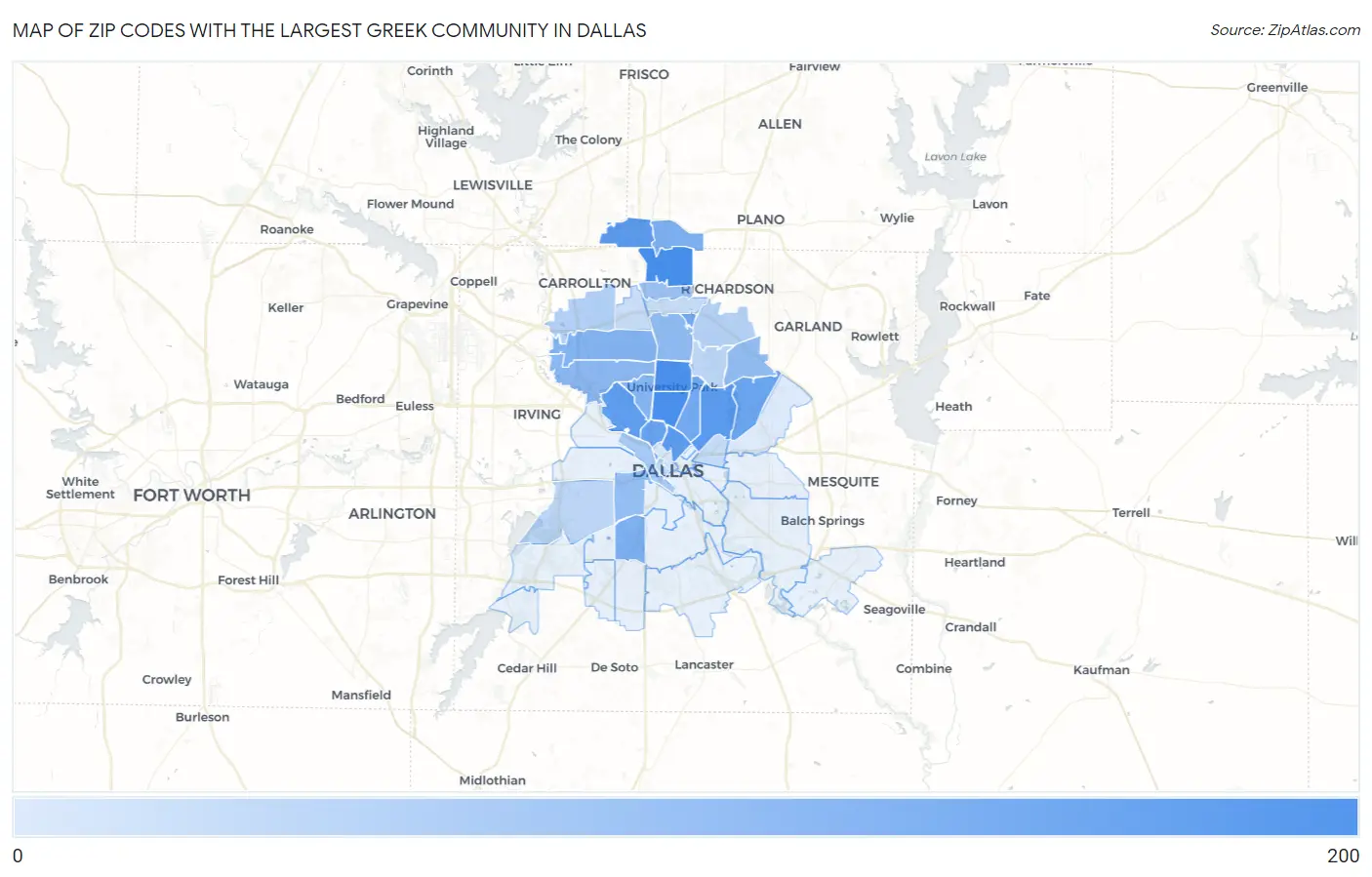 Zip Codes with the Largest Greek Community in Dallas Map