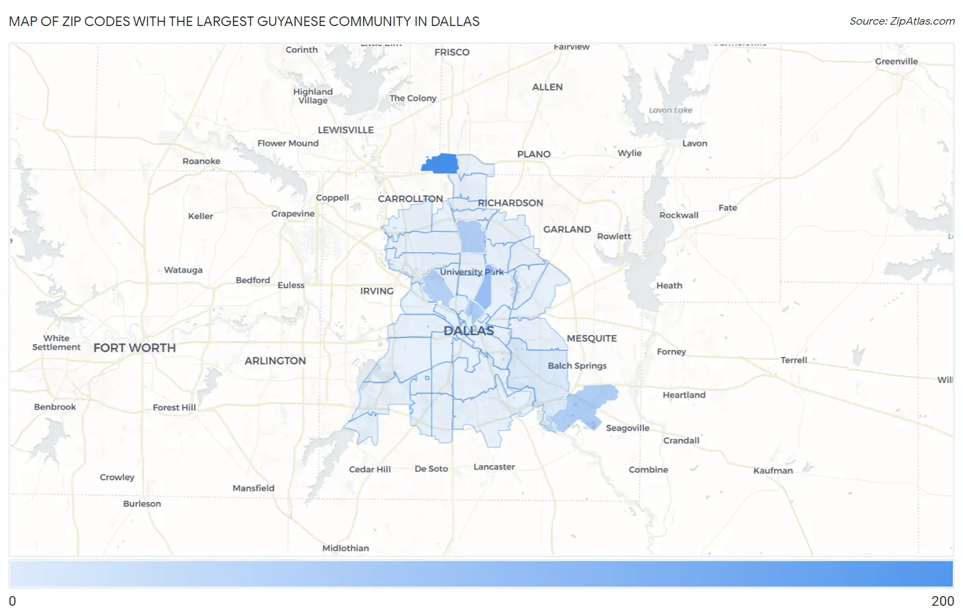 Zip Codes with the Largest Guyanese Community in Dallas Map