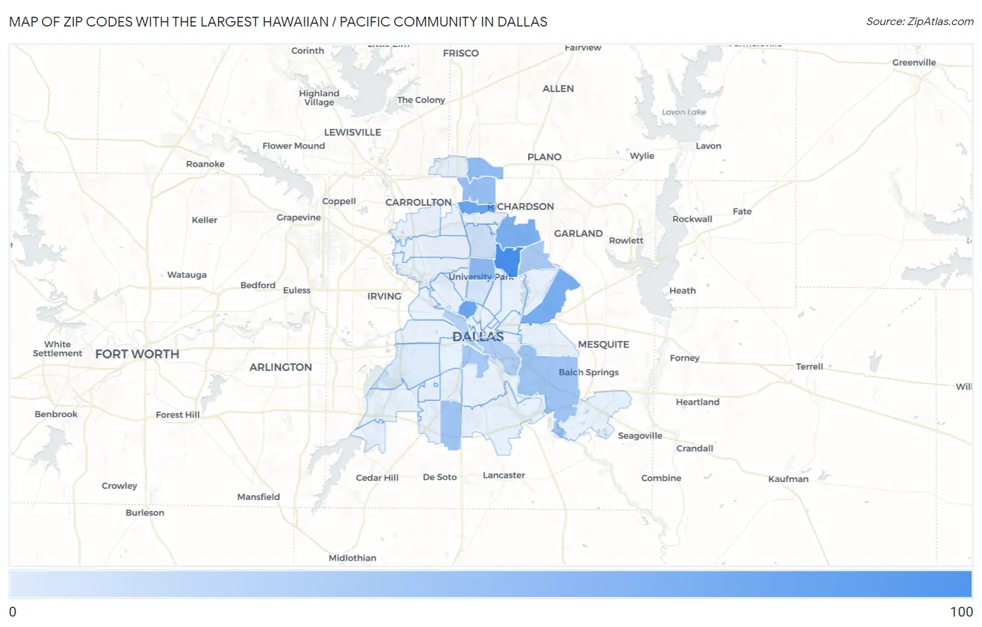 Zip Codes with the Largest Hawaiian / Pacific Community in Dallas Map