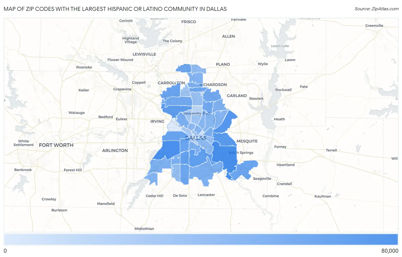Zip Codes with the Largest Hispanic or Latino Community in Dallas Map