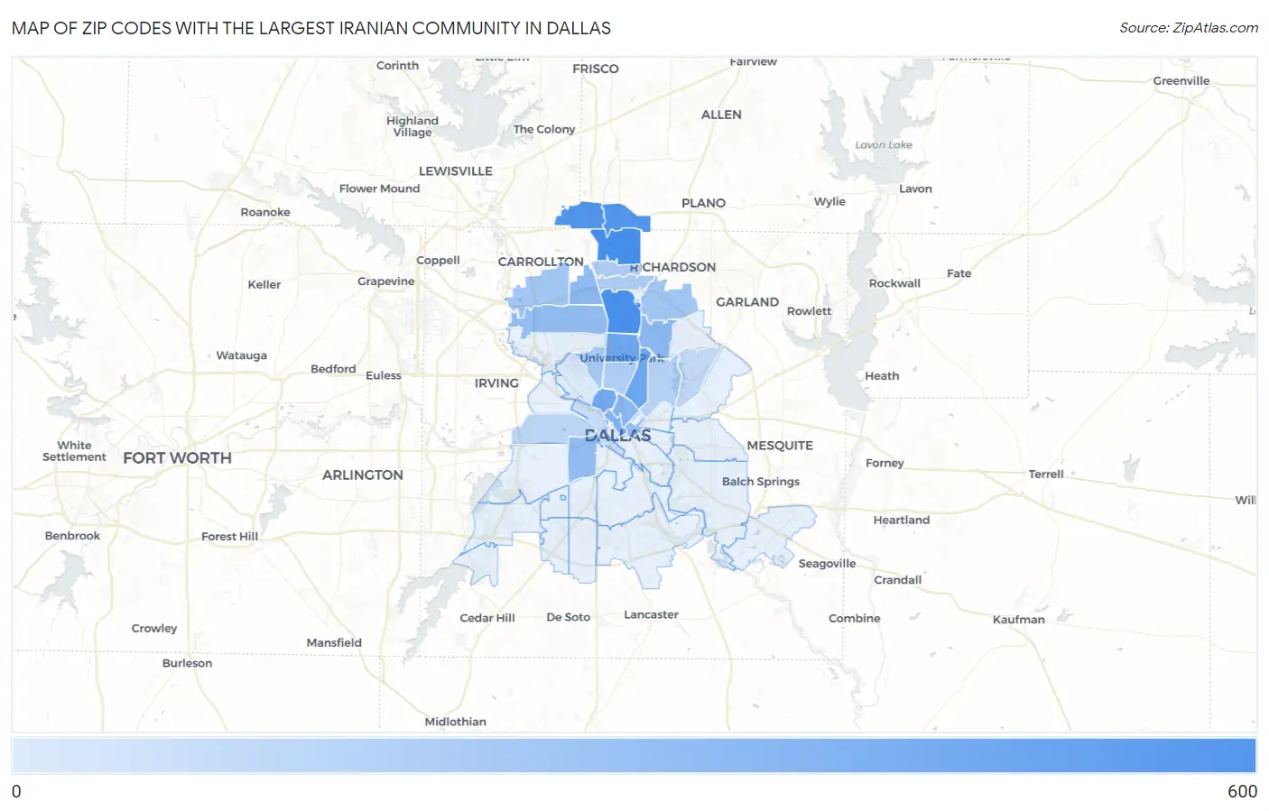 Zip Codes with the Largest Iranian Community in Dallas Map