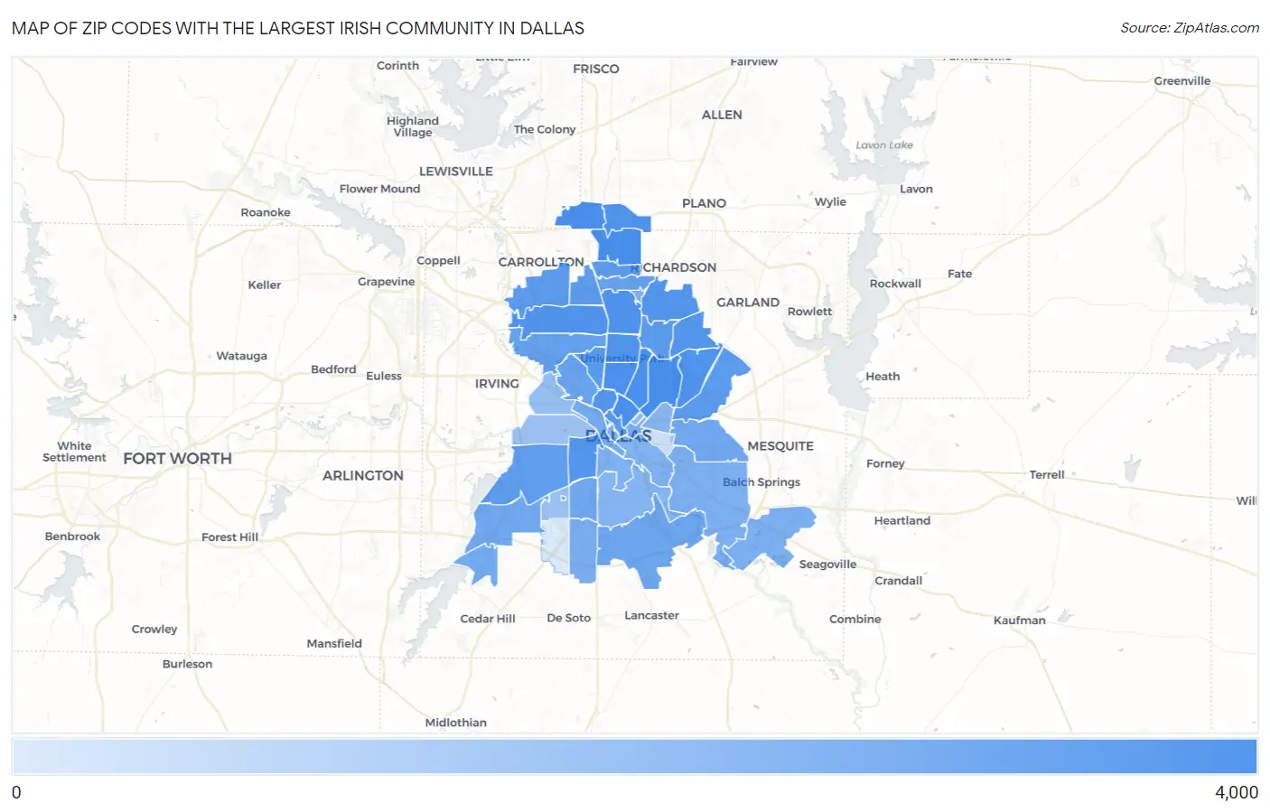 Zip Codes with the Largest Irish Community in Dallas Map
