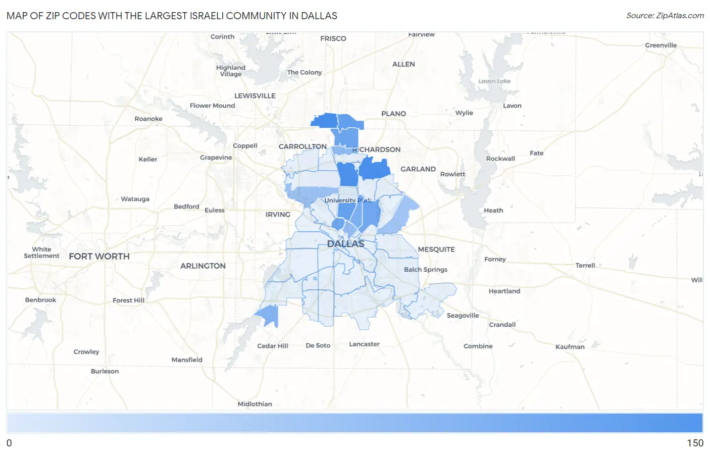 Zip Codes with the Largest Israeli Community in Dallas Map