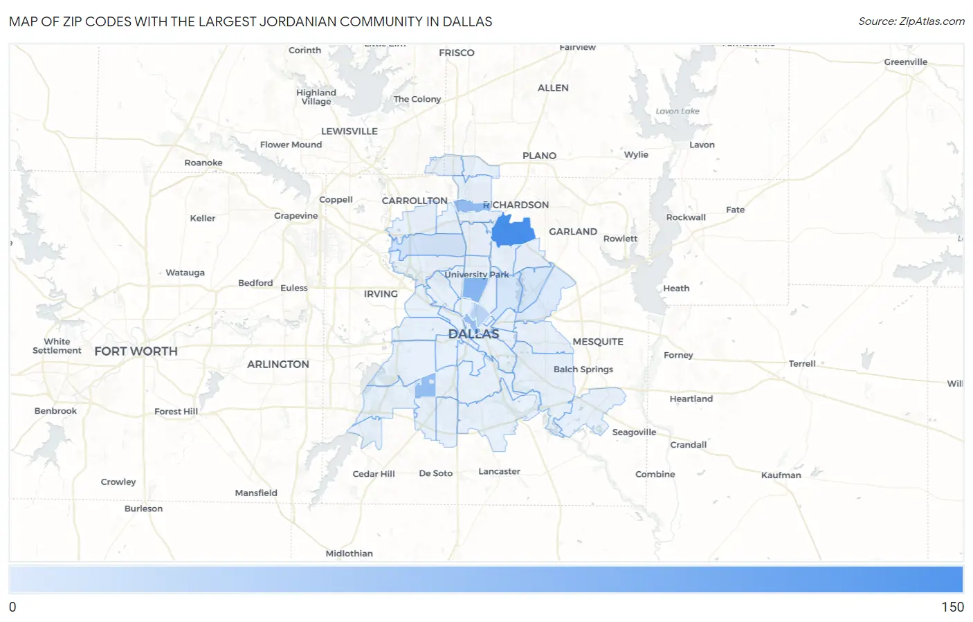 Zip Codes with the Largest Jordanian Community in Dallas Map