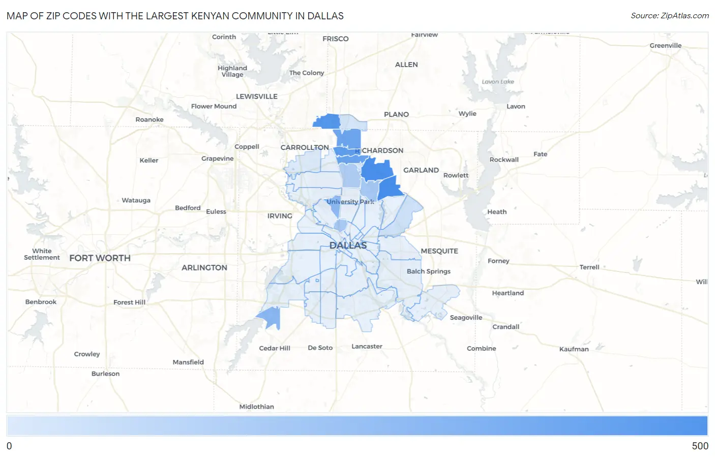 Zip Codes with the Largest Kenyan Community in Dallas Map