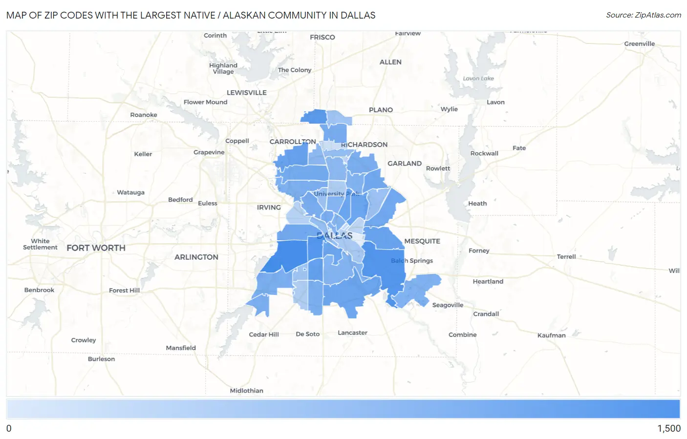 Zip Codes with the Largest Native / Alaskan Community in Dallas Map
