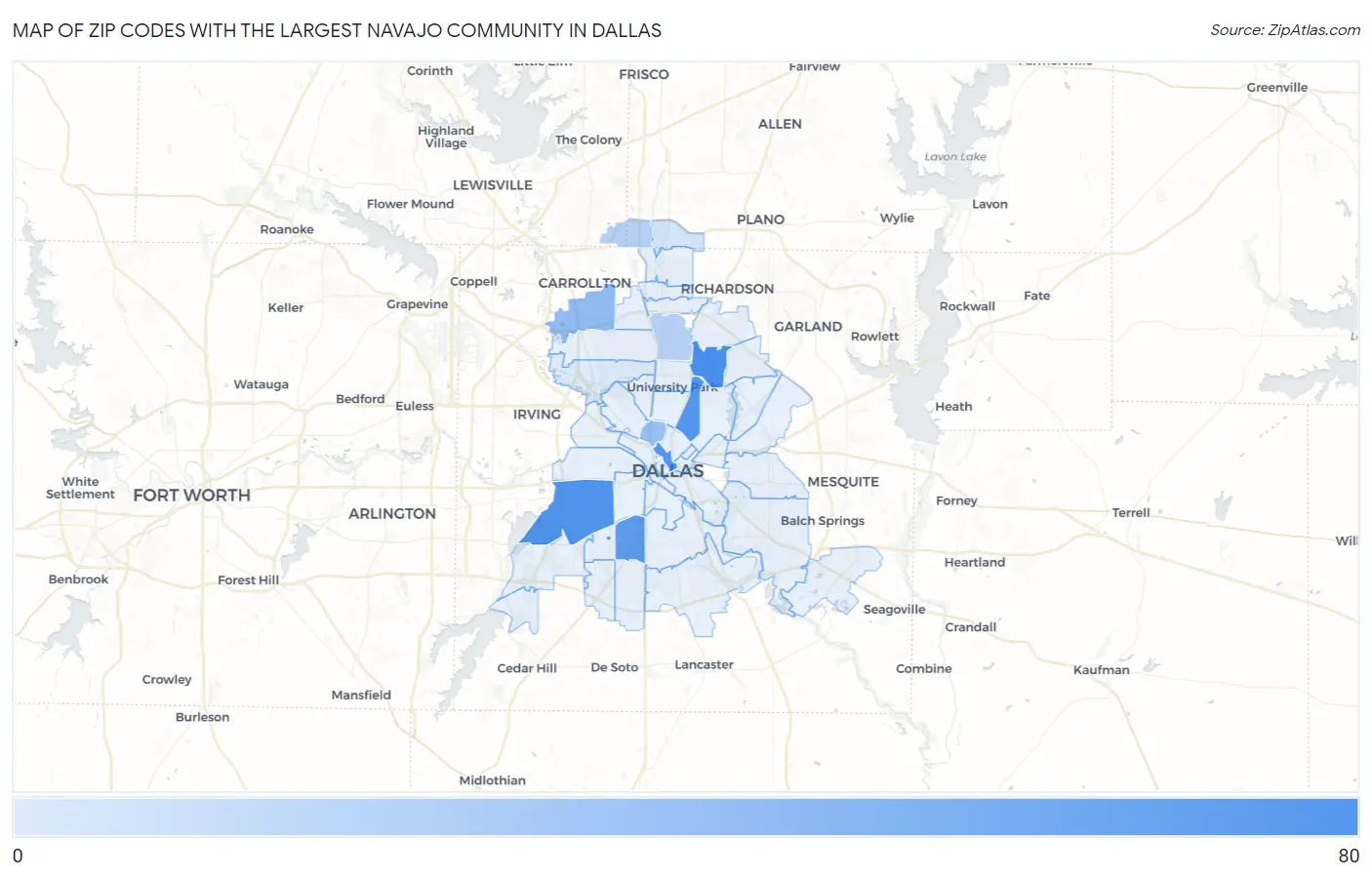 Zip Codes with the Largest Navajo Community in Dallas Map
