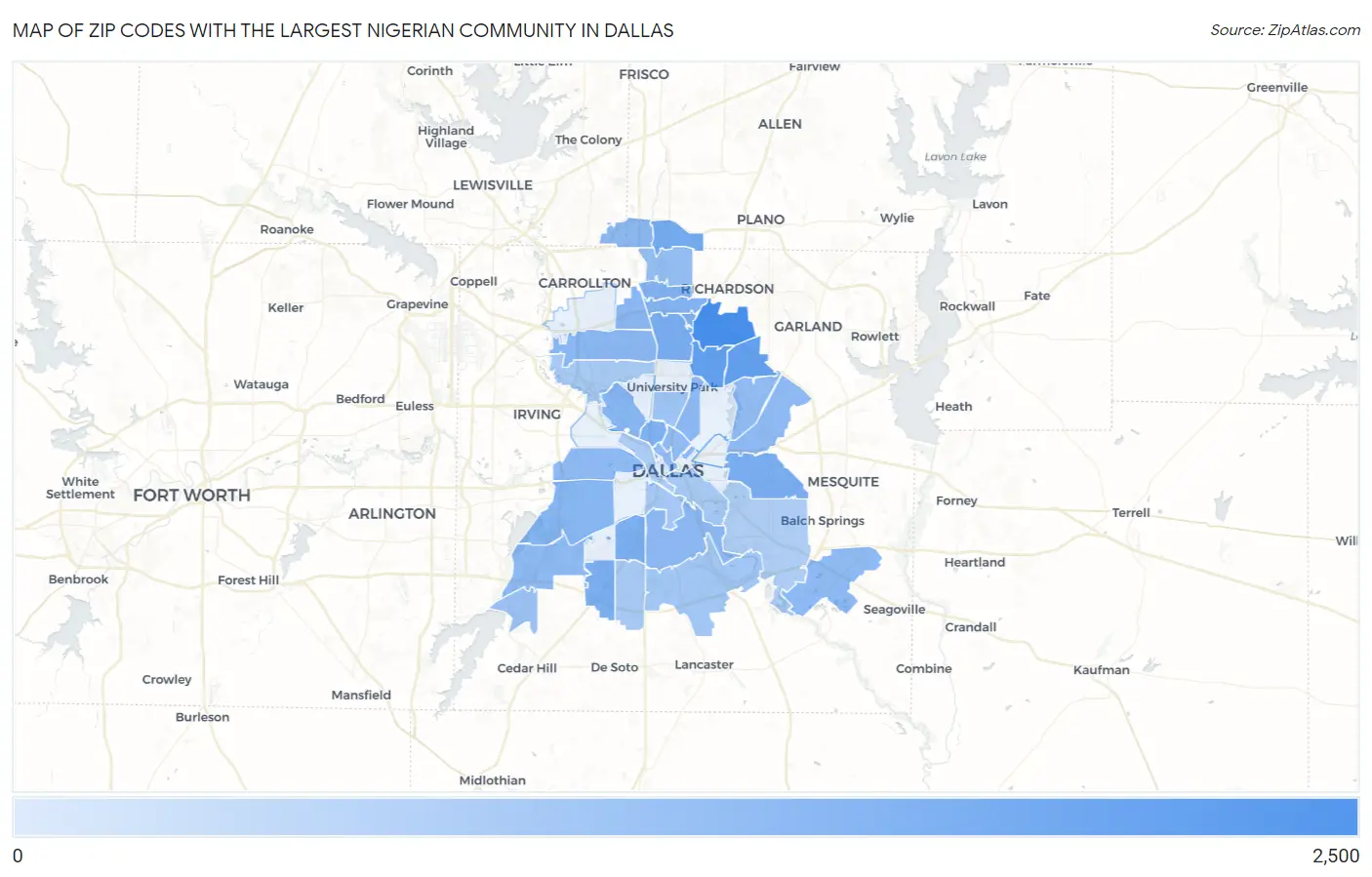 Zip Codes with the Largest Nigerian Community in Dallas Map