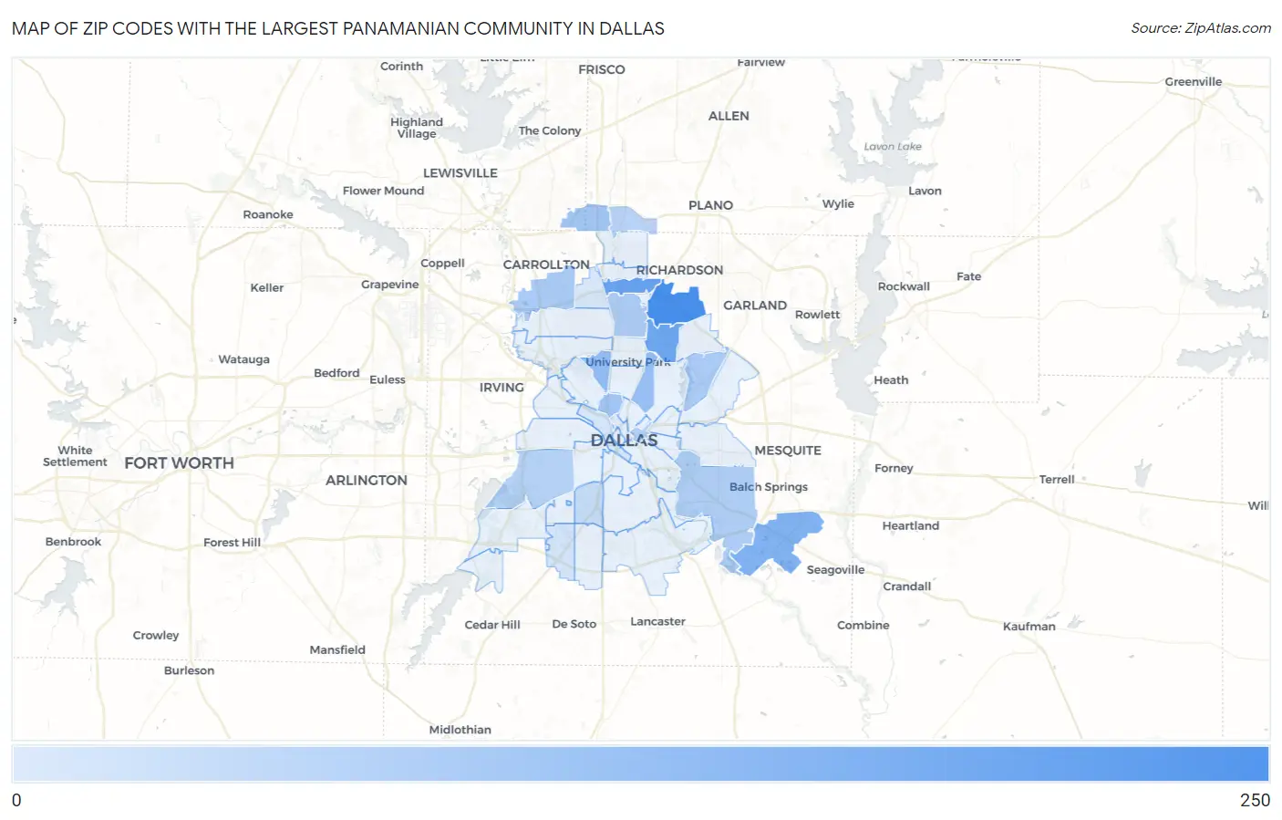 Zip Codes with the Largest Panamanian Community in Dallas Map