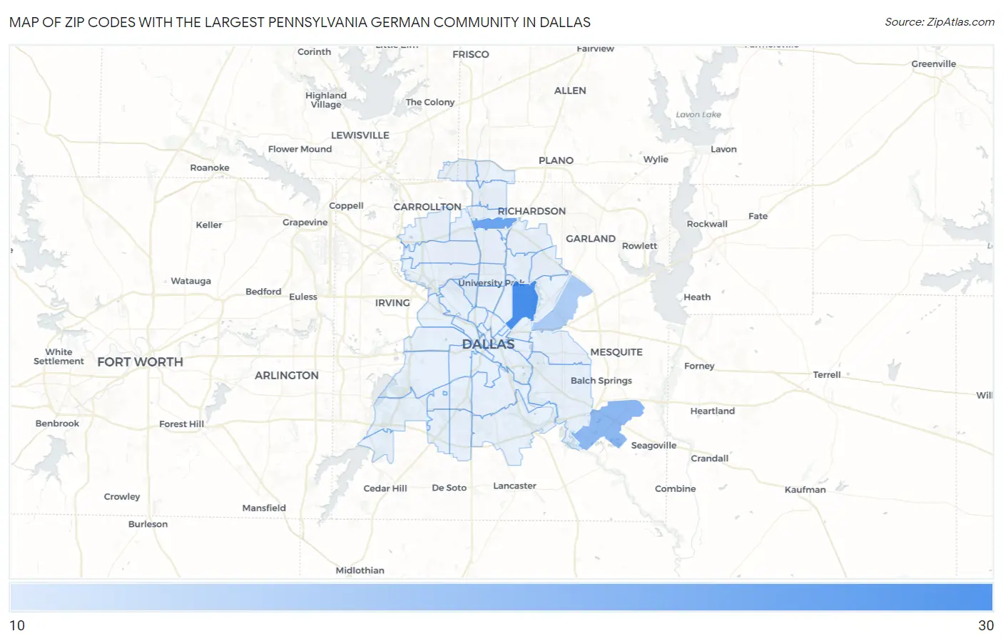 Zip Codes with the Largest Pennsylvania German Community in Dallas Map