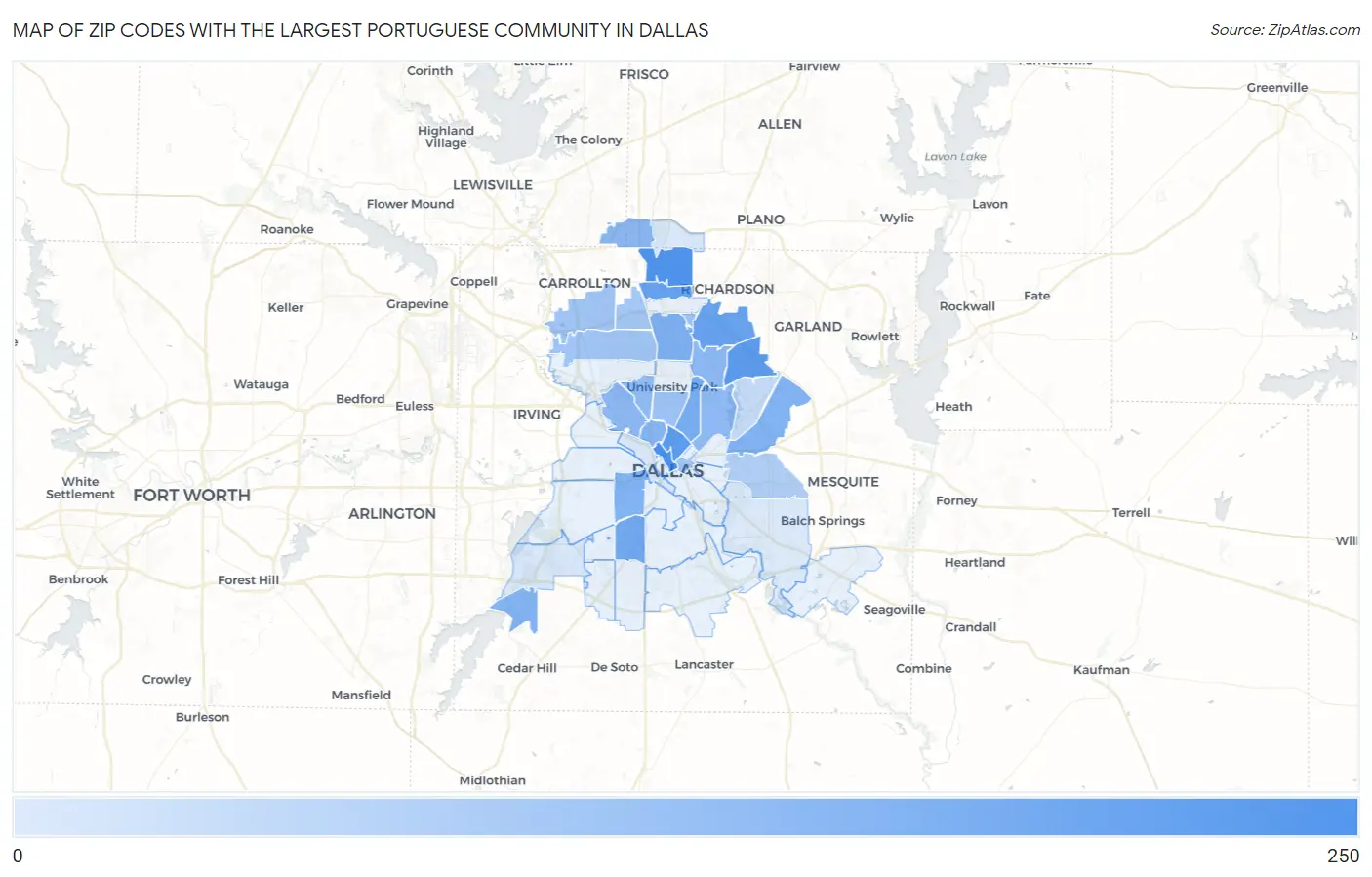 Zip Codes with the Largest Portuguese Community in Dallas Map