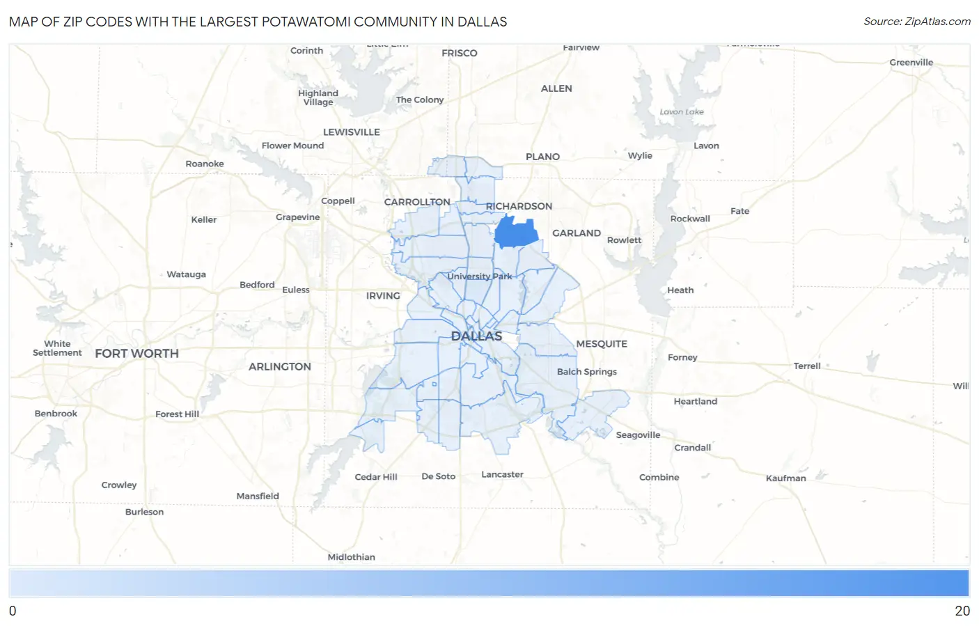 Zip Codes with the Largest Potawatomi Community in Dallas Map