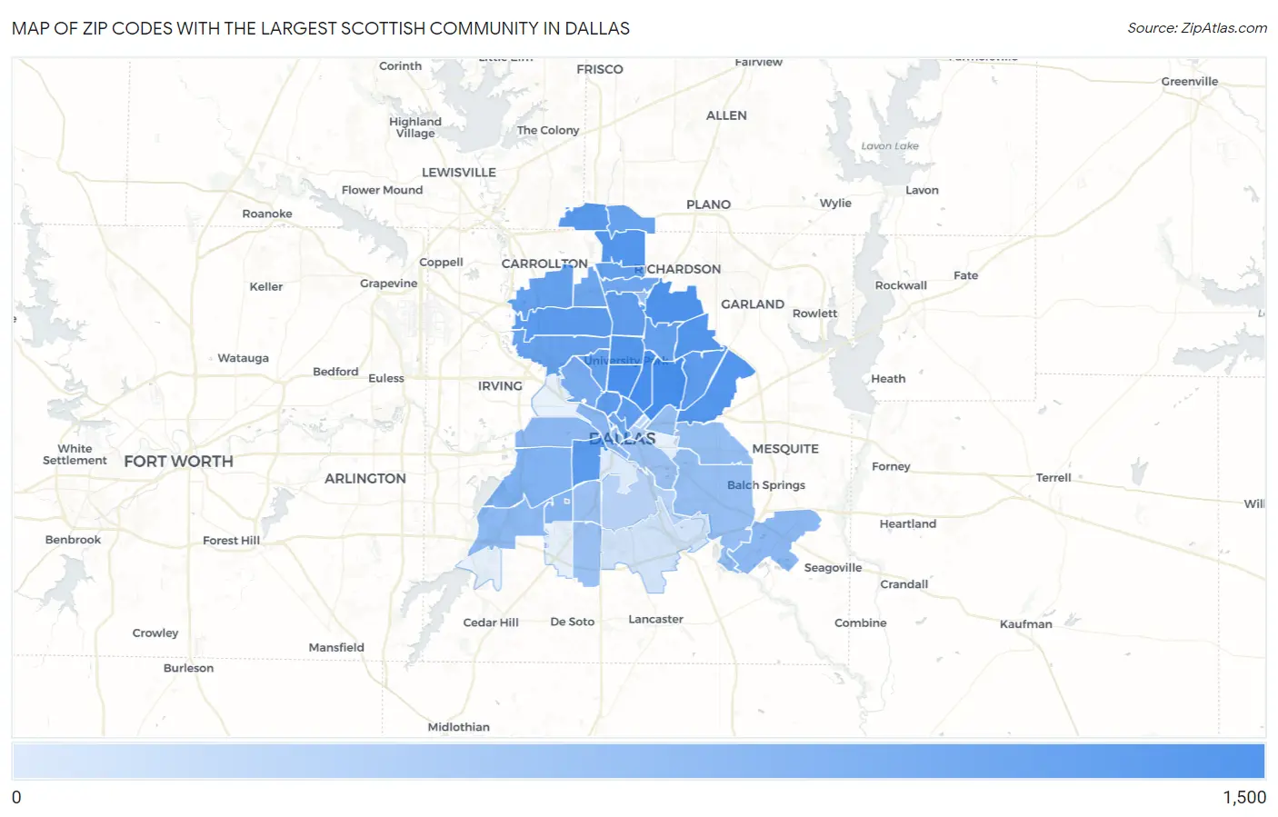Zip Codes with the Largest Scottish Community in Dallas Map