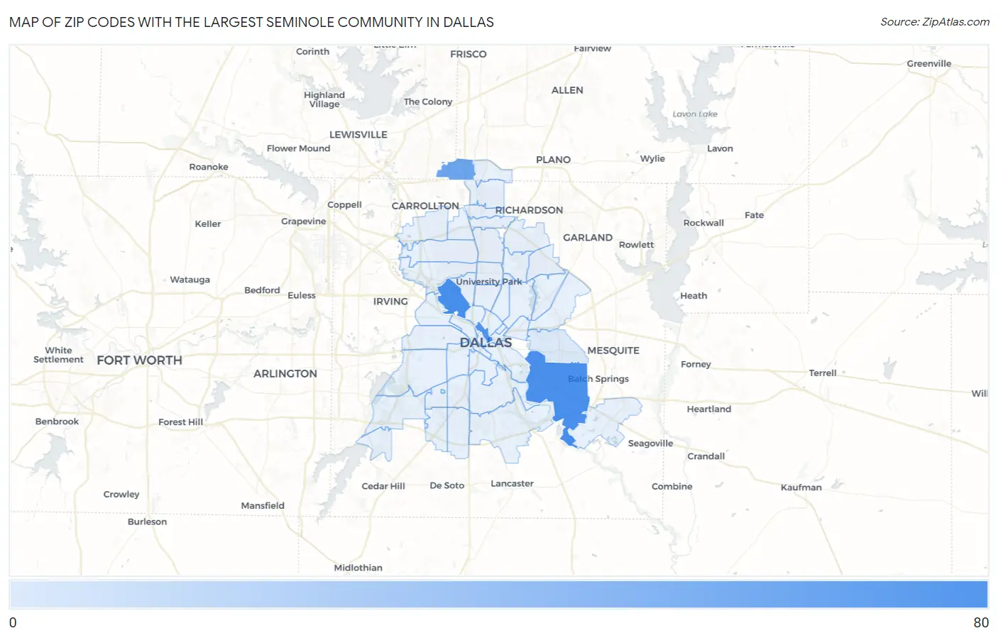 Zip Codes with the Largest Seminole Community in Dallas Map