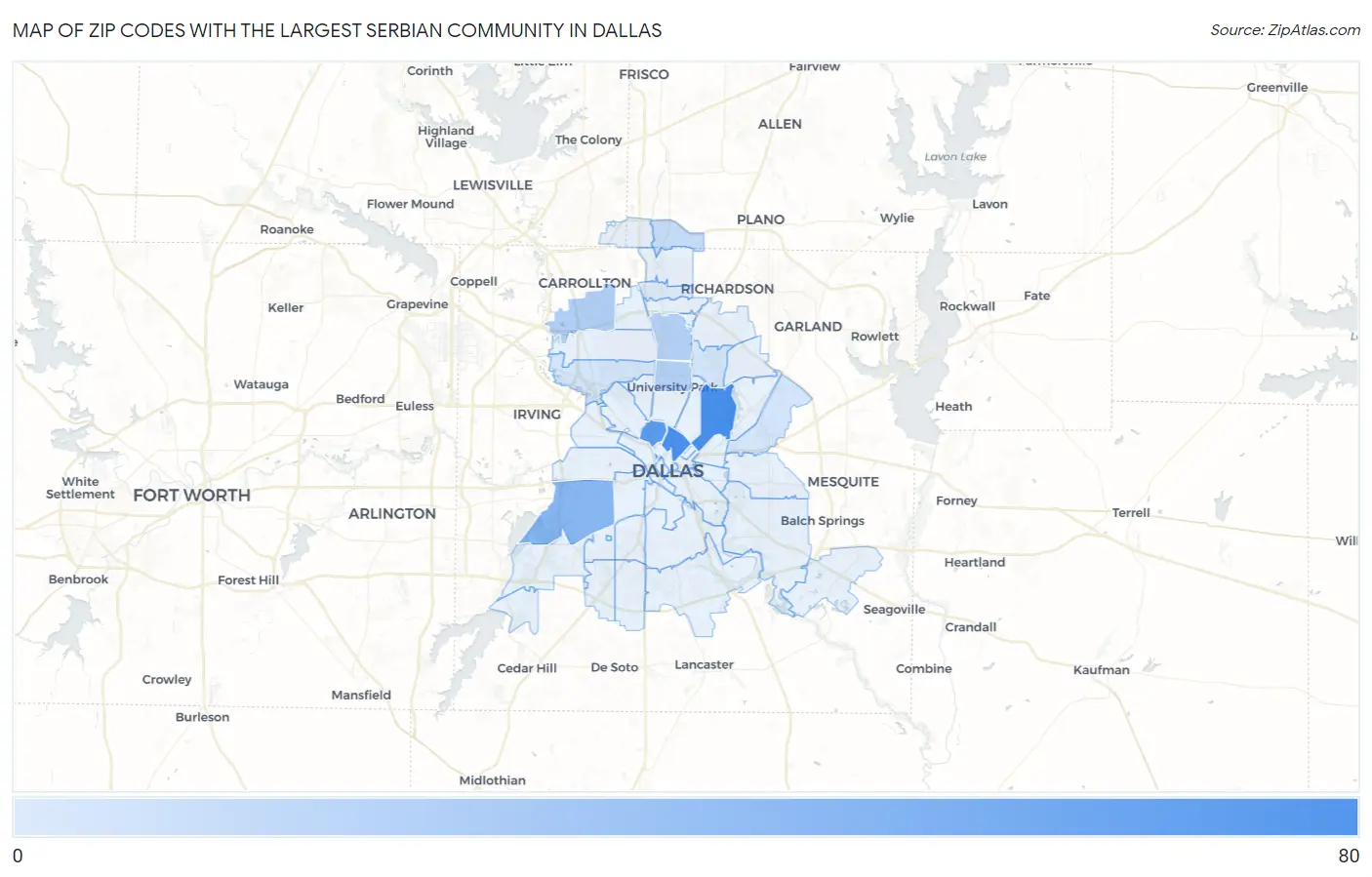 Zip Codes with the Largest Serbian Community in Dallas Map