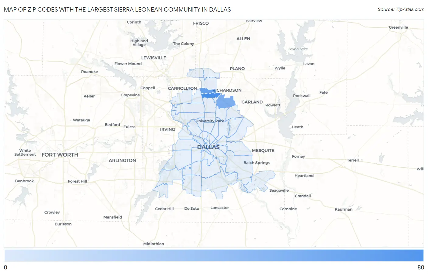 Zip Codes with the Largest Sierra Leonean Community in Dallas Map