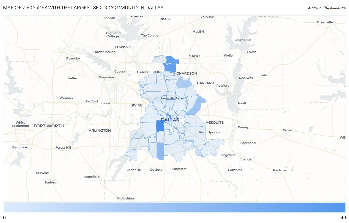 Zip Codes with the Largest Sioux Community in Dallas Map