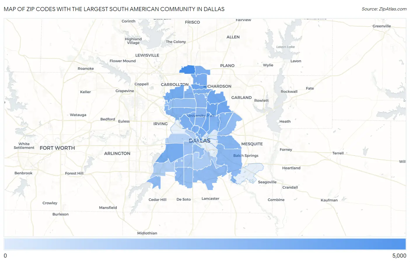 Zip Codes with the Largest South American Community in Dallas Map