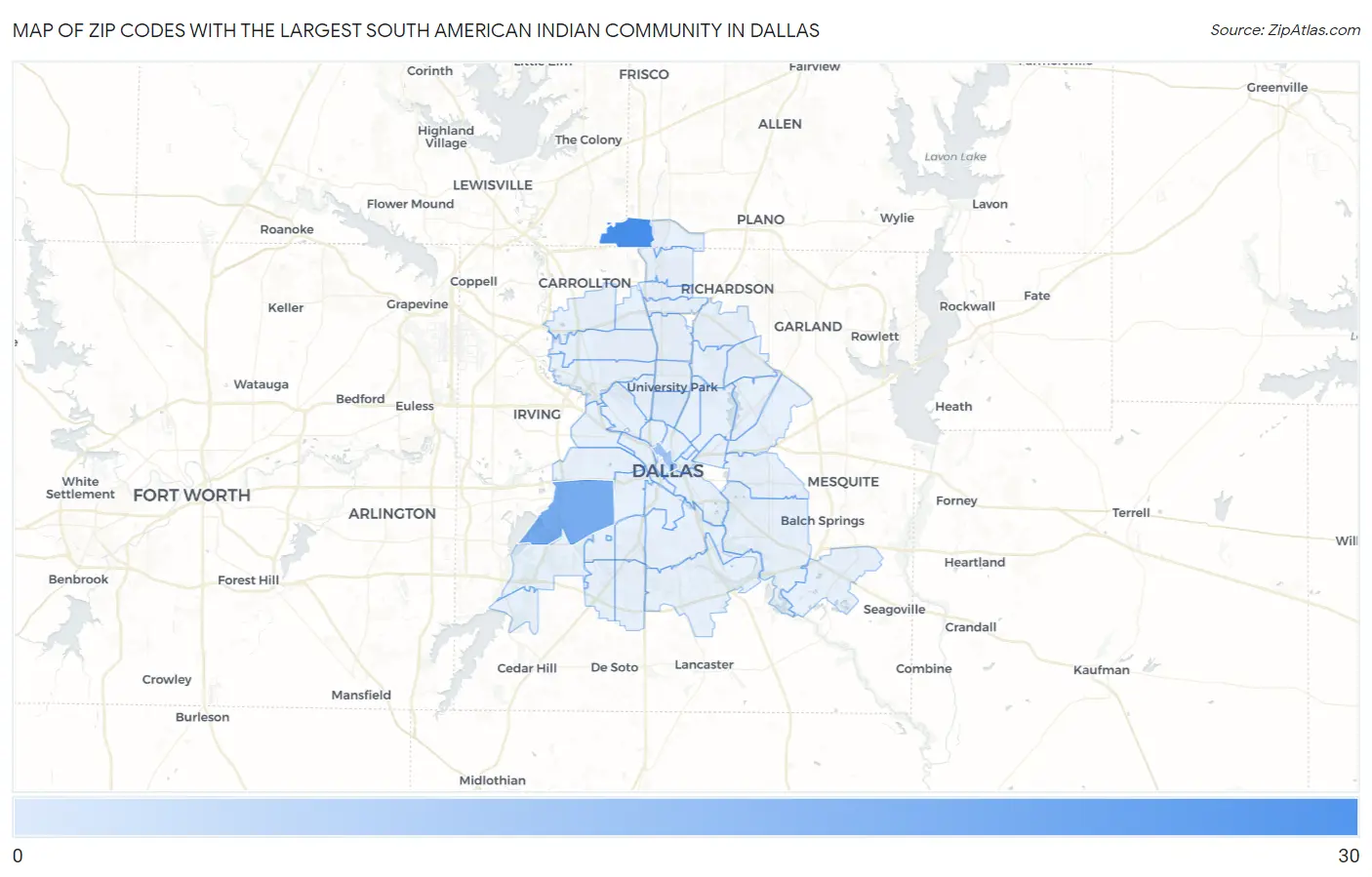 Zip Codes with the Largest South American Indian Community in Dallas Map