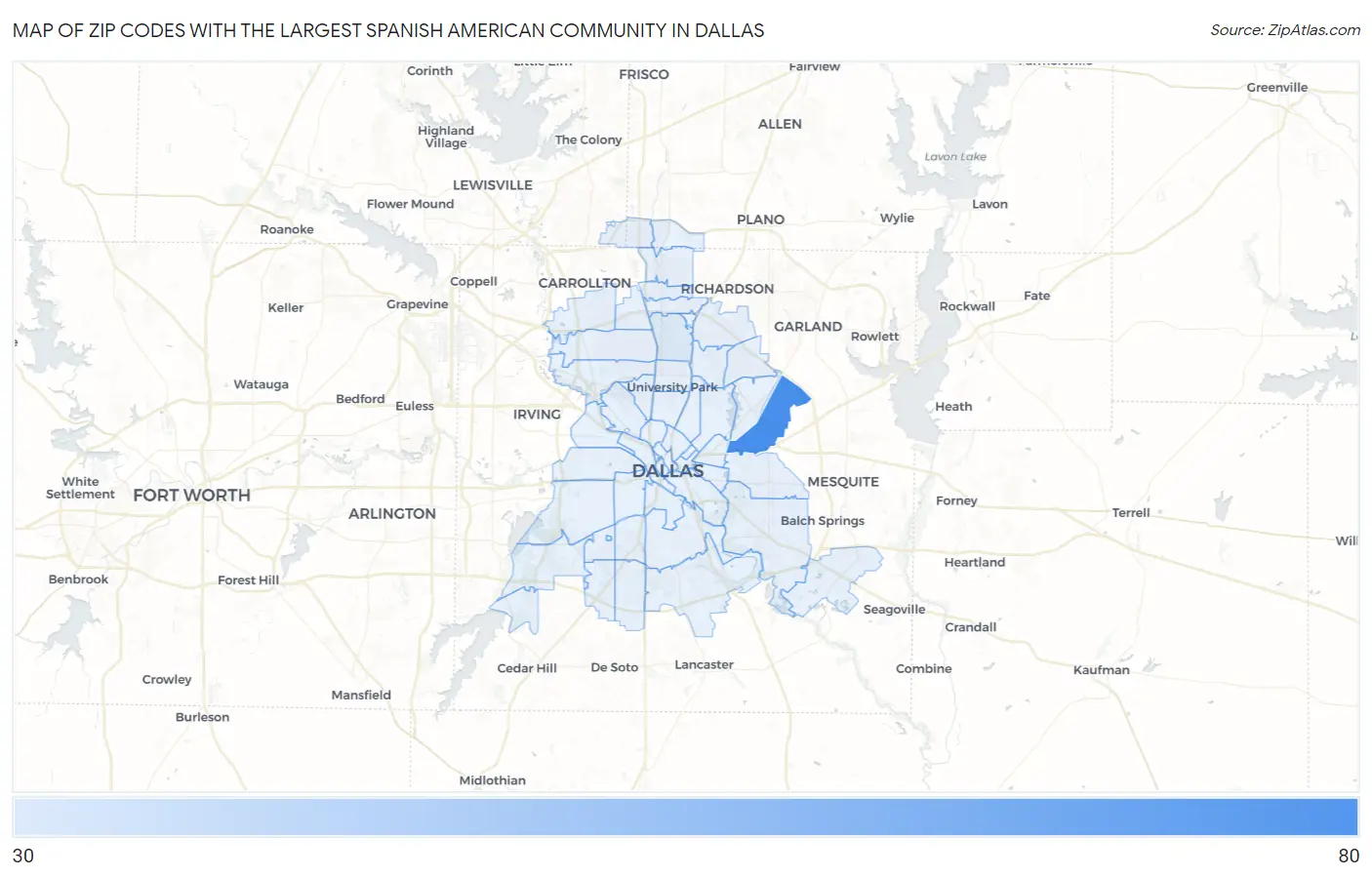 Zip Codes with the Largest Spanish American Community in Dallas Map