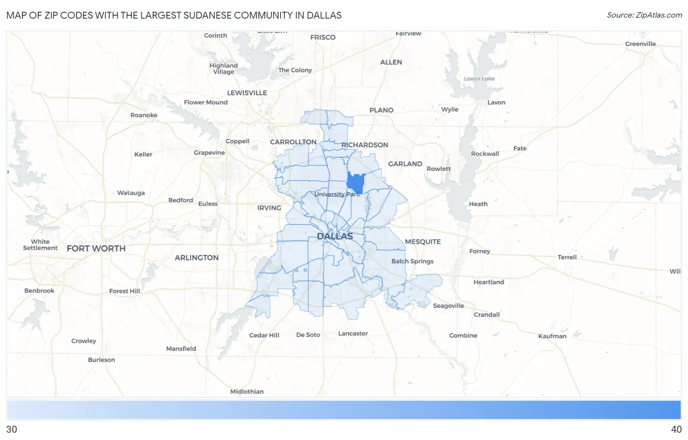 Zip Codes with the Largest Sudanese Community in Dallas Map