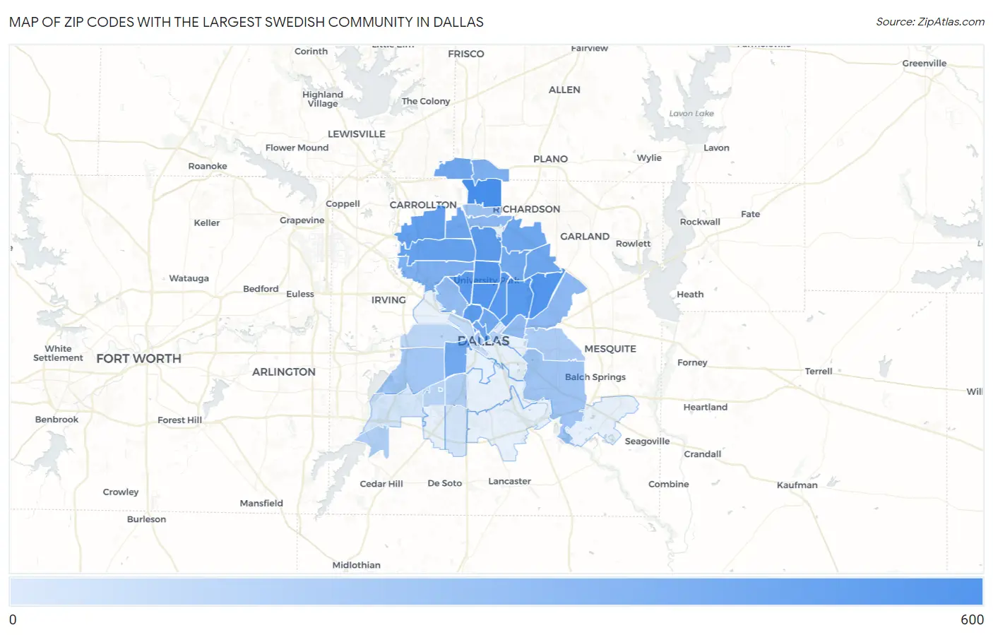 Zip Codes with the Largest Swedish Community in Dallas Map