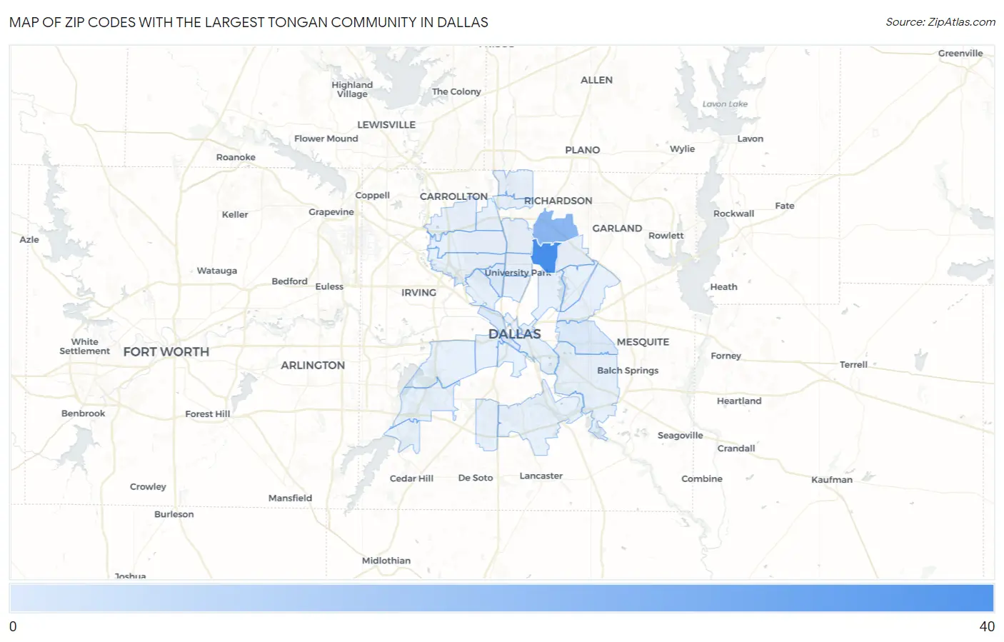 Zip Codes with the Largest Tongan Community in Dallas Map