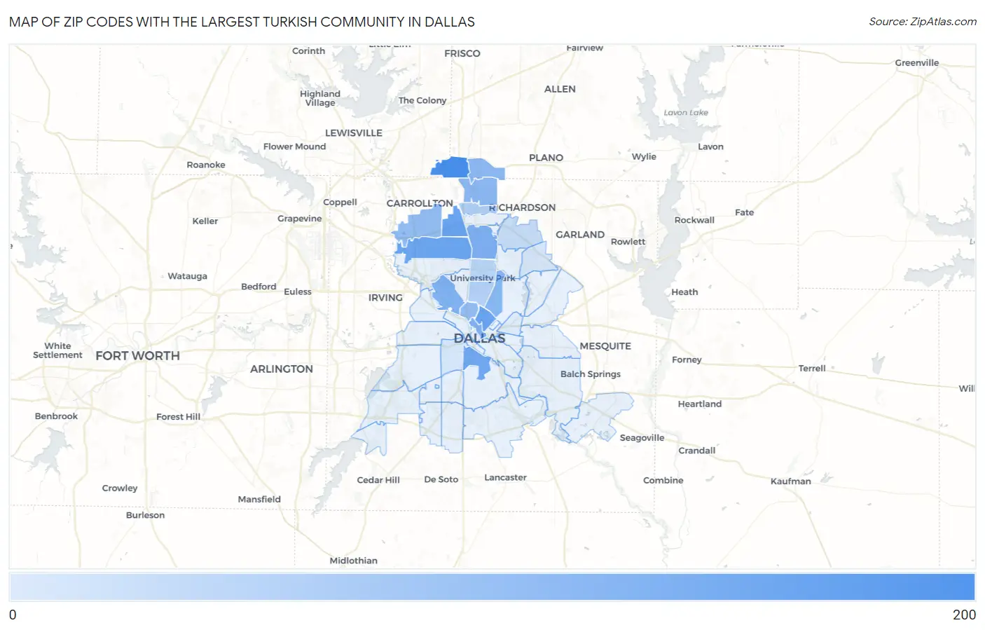 Zip Codes with the Largest Turkish Community in Dallas Map