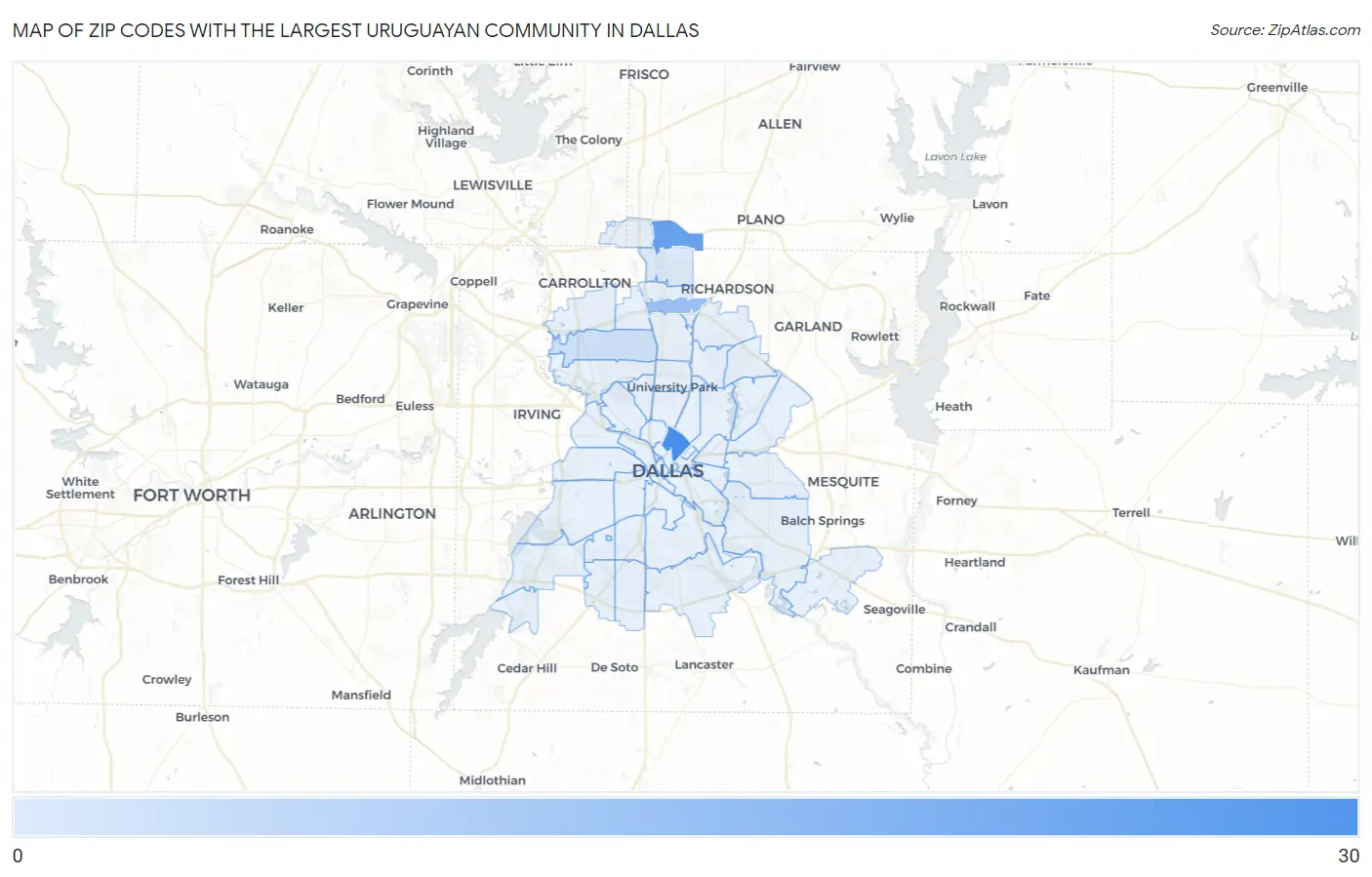 Zip Codes with the Largest Uruguayan Community in Dallas Map