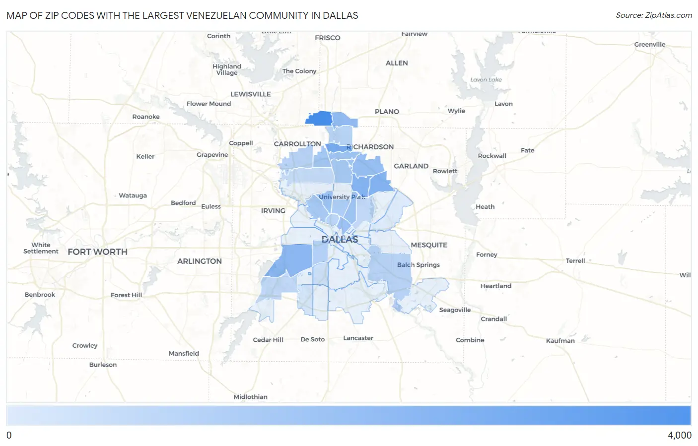 Zip Codes with the Largest Venezuelan Community in Dallas Map