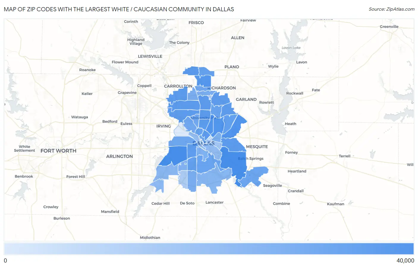 Zip Codes with the Largest White / Caucasian Community in Dallas Map