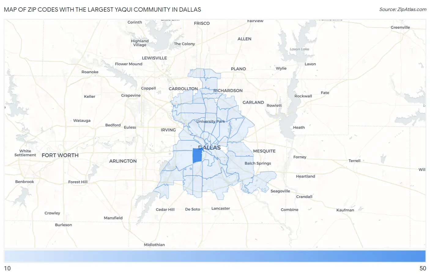 Zip Codes with the Largest Yaqui Community in Dallas Map