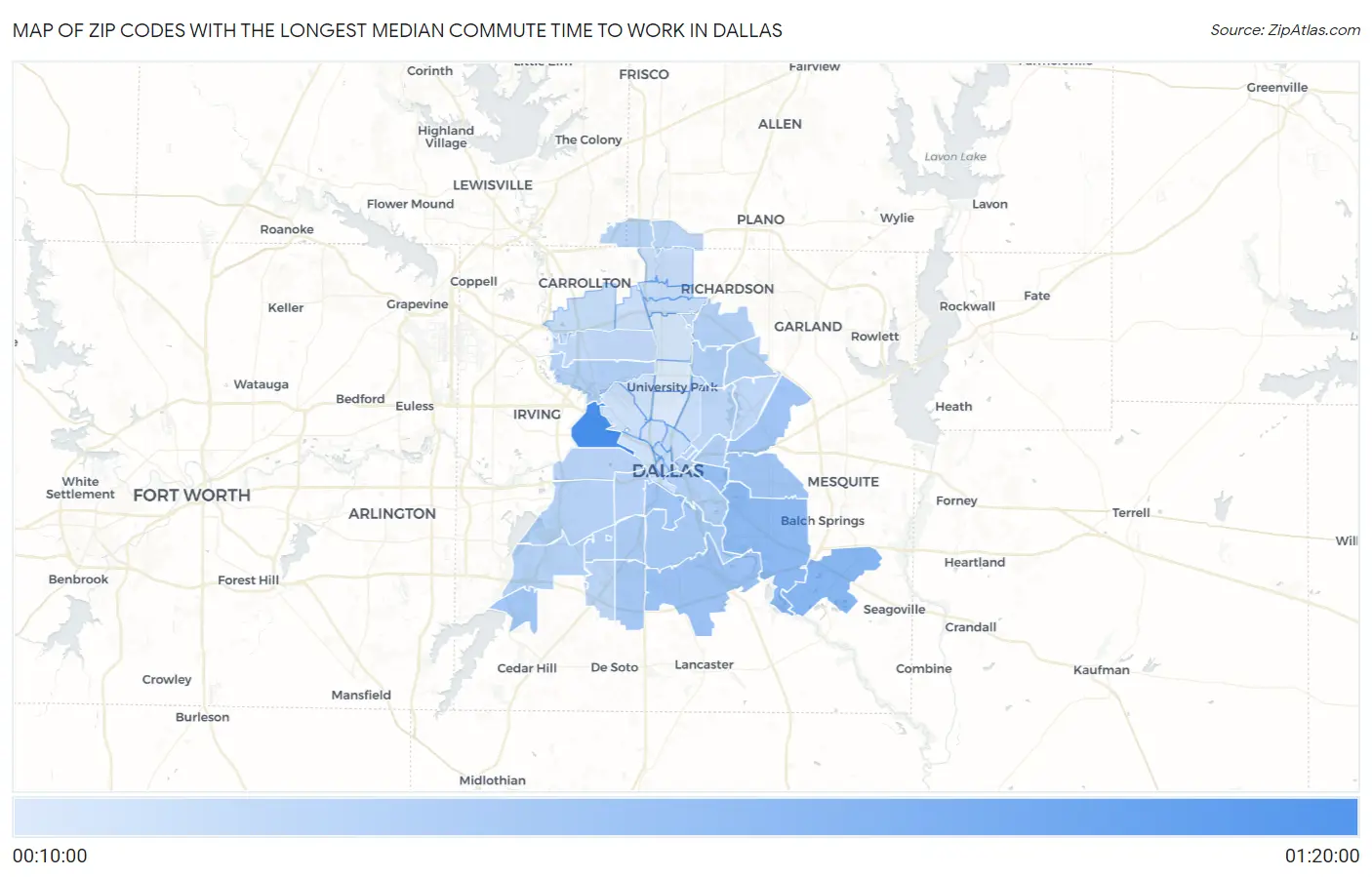 Zip Codes with the Longest Median Commute Time to Work in Dallas Map