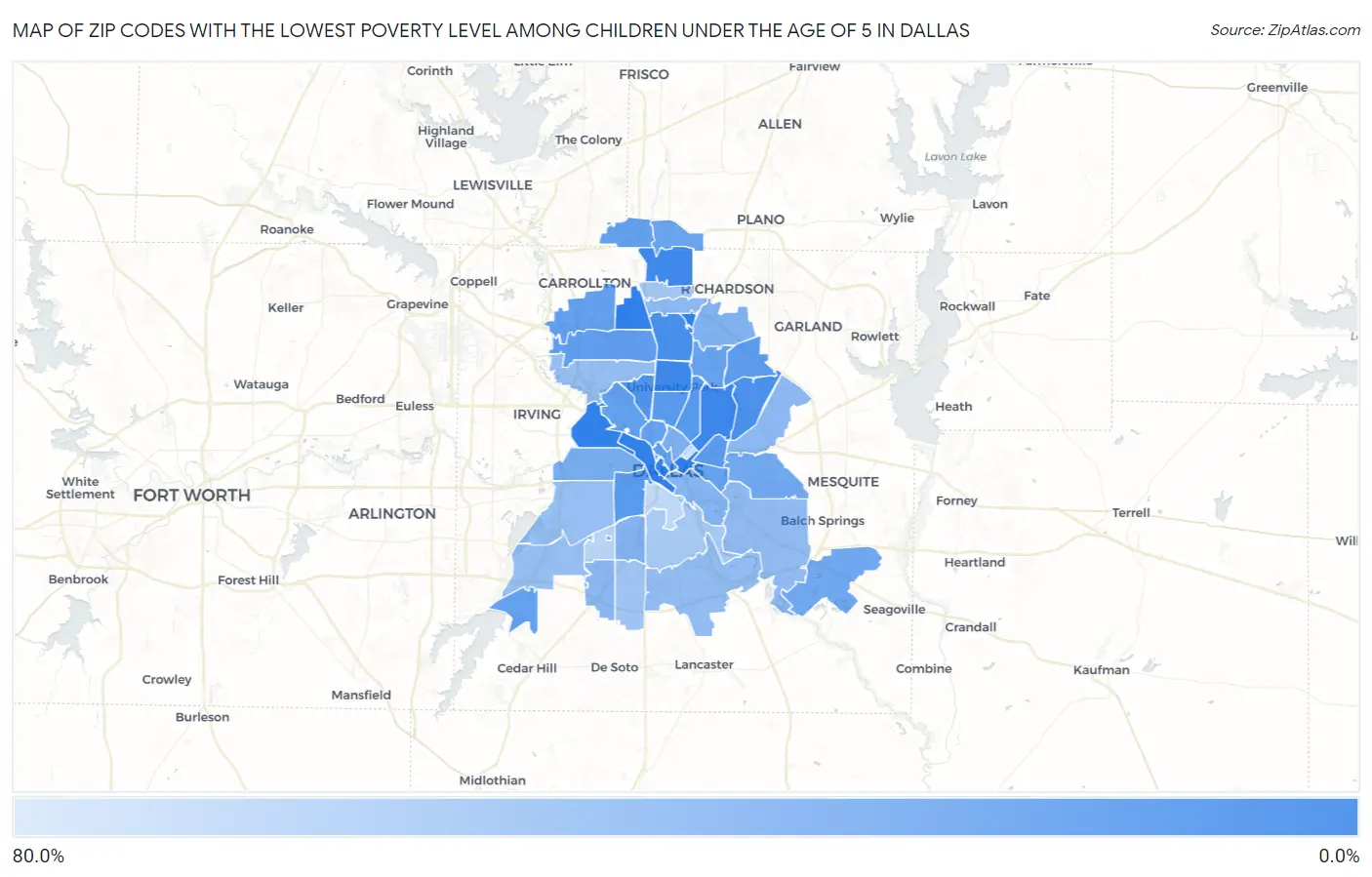 Zip Codes with the Lowest Poverty Level Among Children Under the Age of 5 in Dallas Map