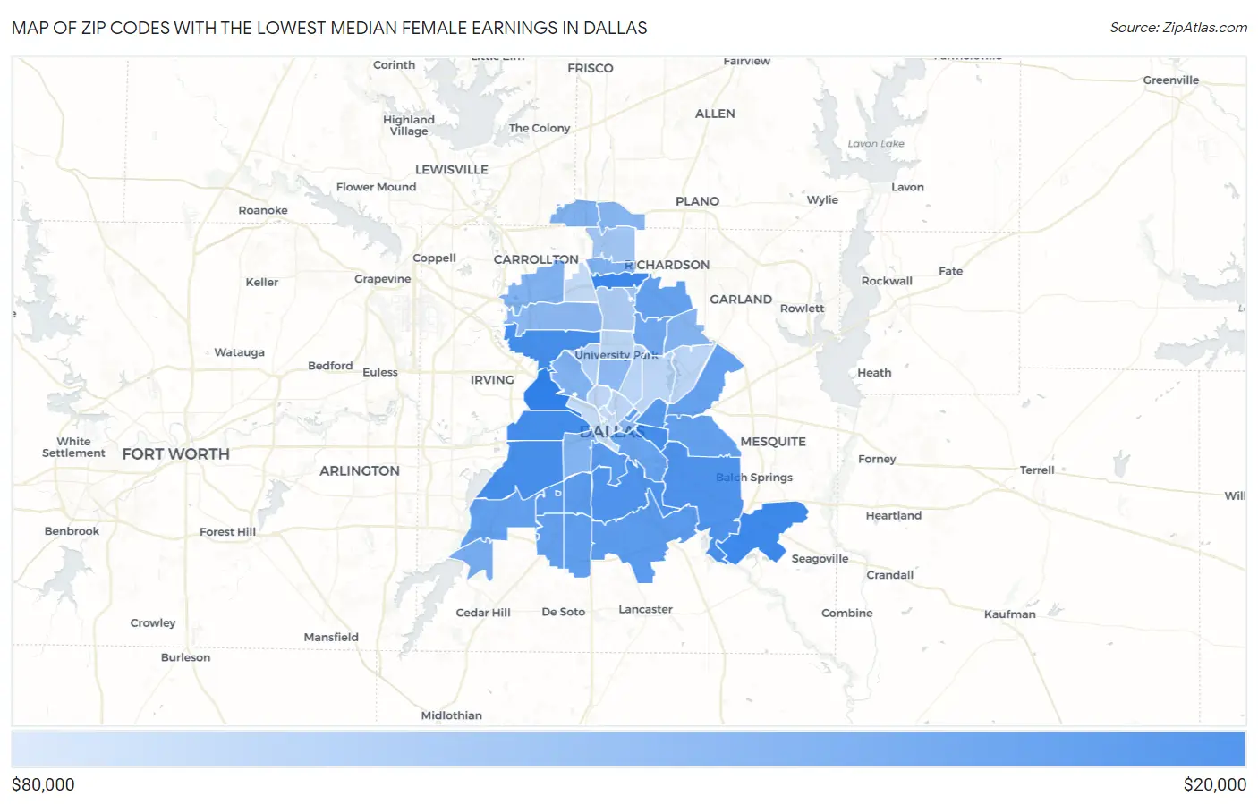 Zip Codes with the Lowest Median Female Earnings in Dallas Map