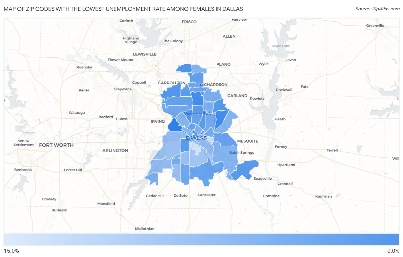 Zip Codes with the Lowest Unemployment Rate Among Females in Dallas Map