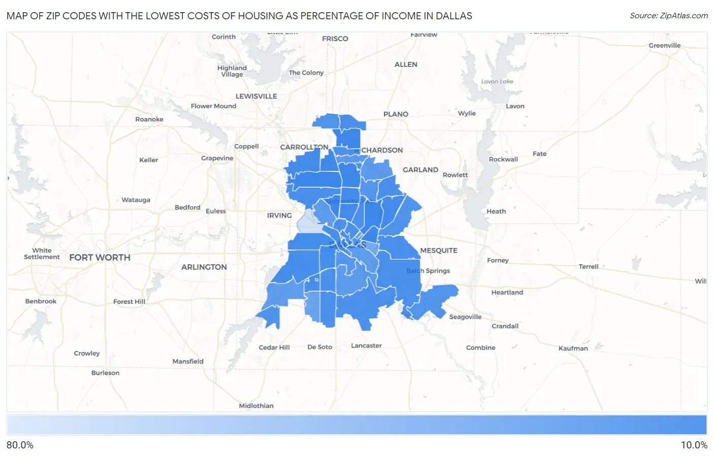 Zip Codes with the Lowest Costs of Housing as Percentage of Income in Dallas Map