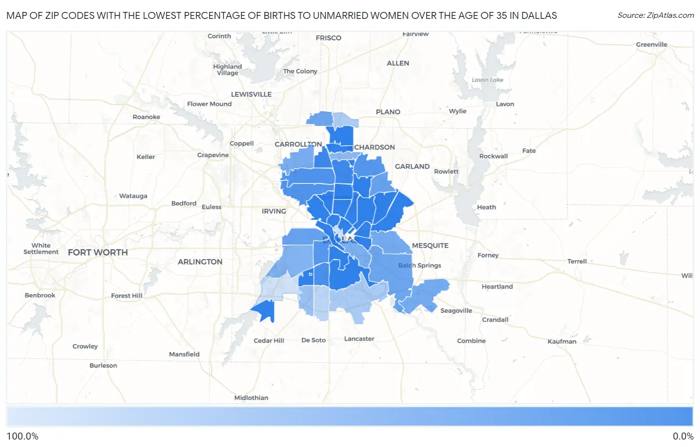Zip Codes with the Lowest Percentage of Births to Unmarried Women over the Age of 35 in Dallas Map