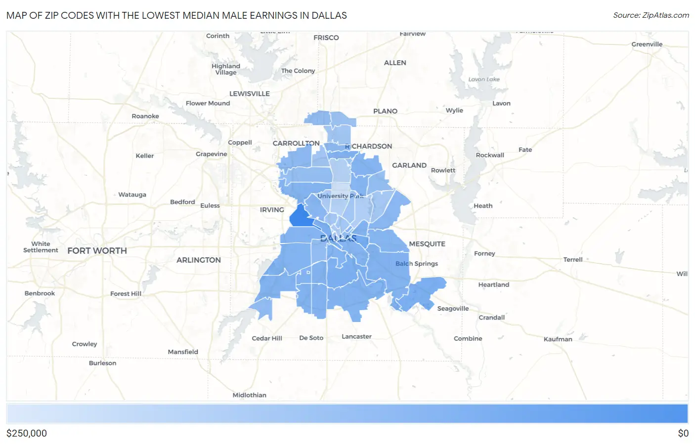 Zip Codes with the Lowest Median Male Earnings in Dallas Map