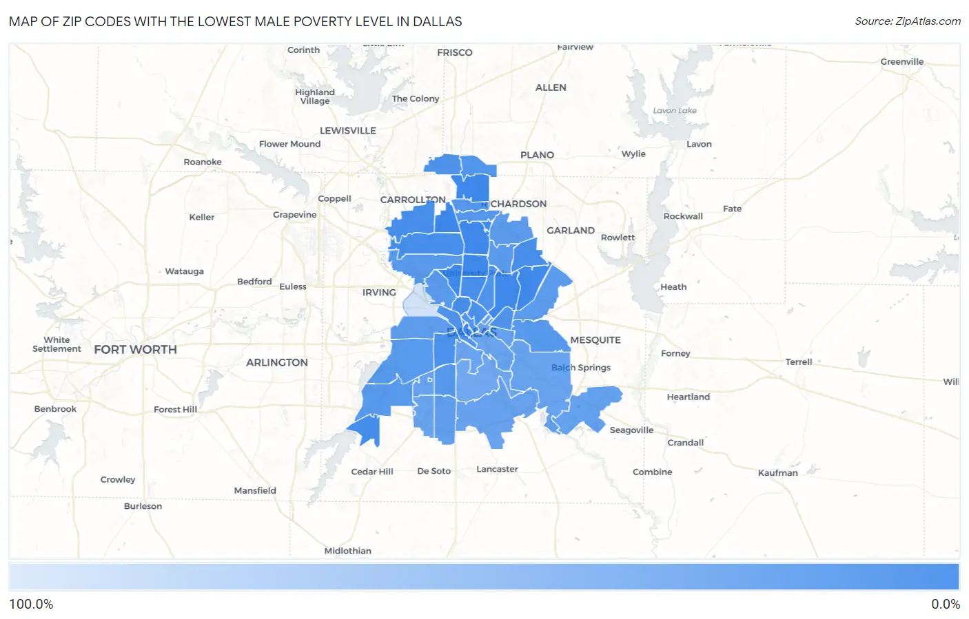 Zip Codes with the Lowest Male Poverty Level in Dallas Map