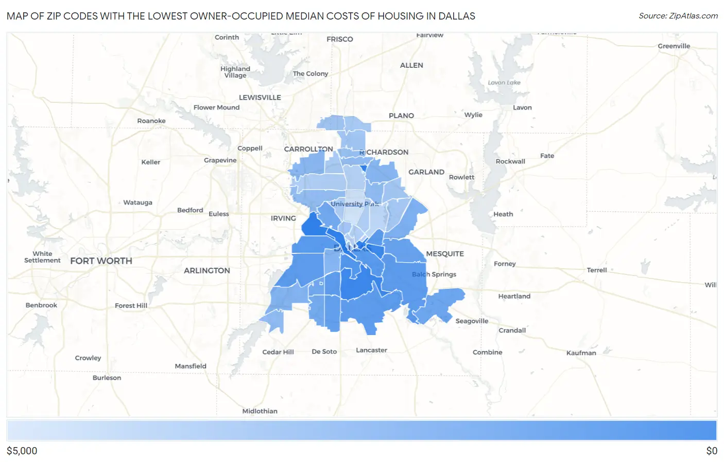 Zip Codes with the Lowest Owner-Occupied Median Costs of Housing in Dallas Map