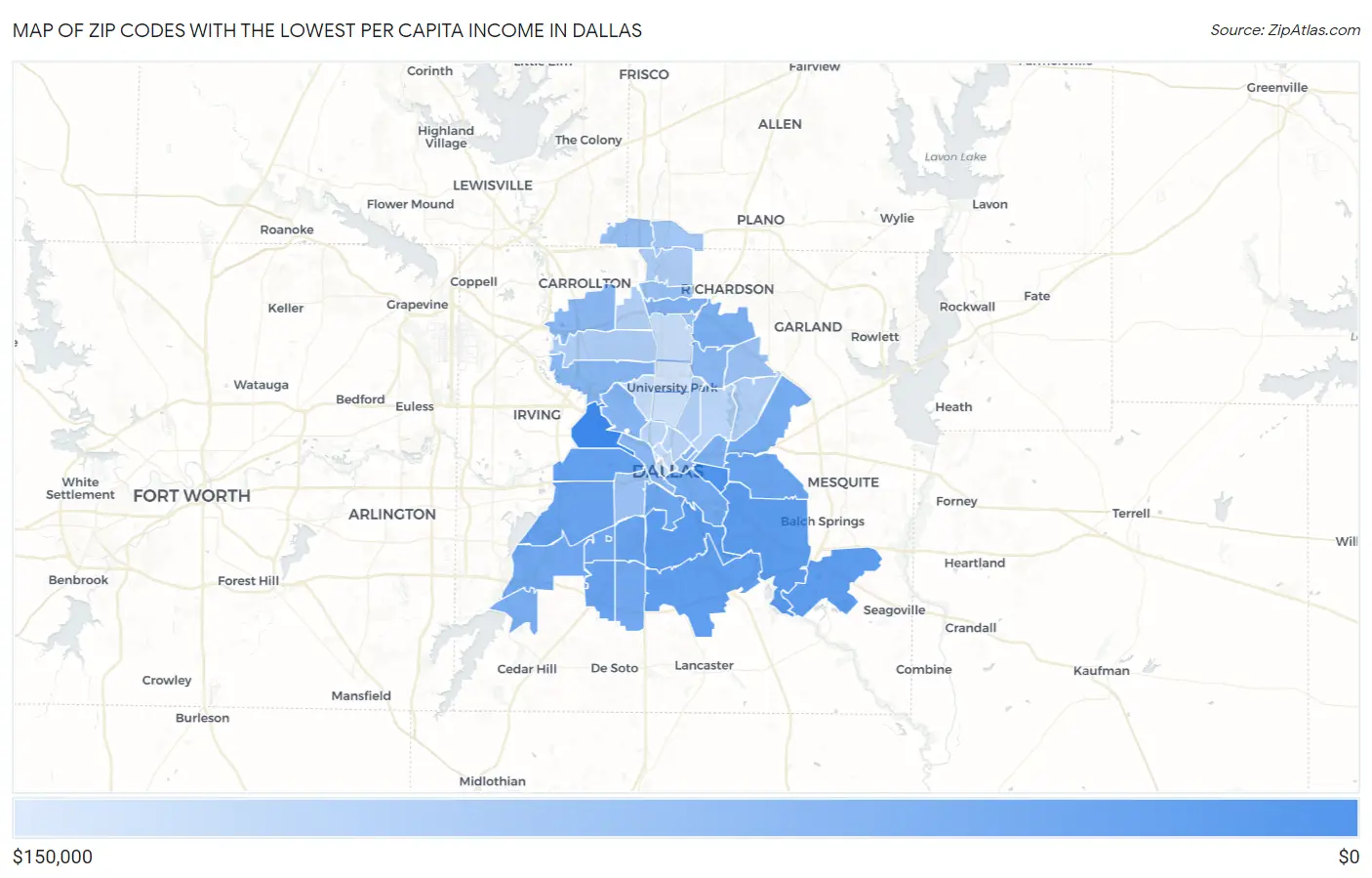 Zip Codes with the Lowest Per Capita Income in Dallas Map