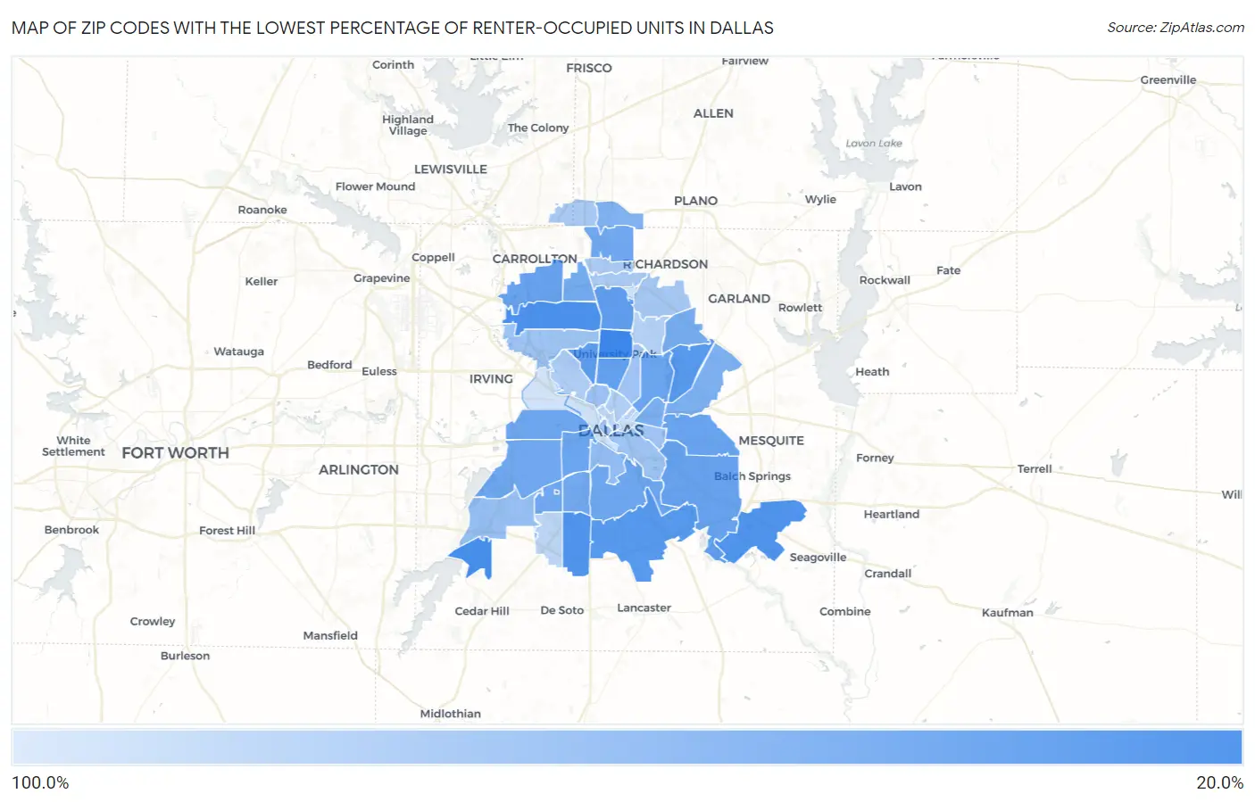 Zip Codes with the Lowest Percentage of Renter-Occupied Units in Dallas Map