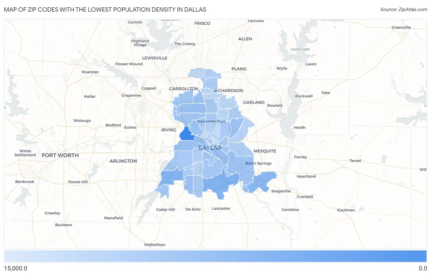 Zip Codes with the Lowest Population Density in Dallas Map